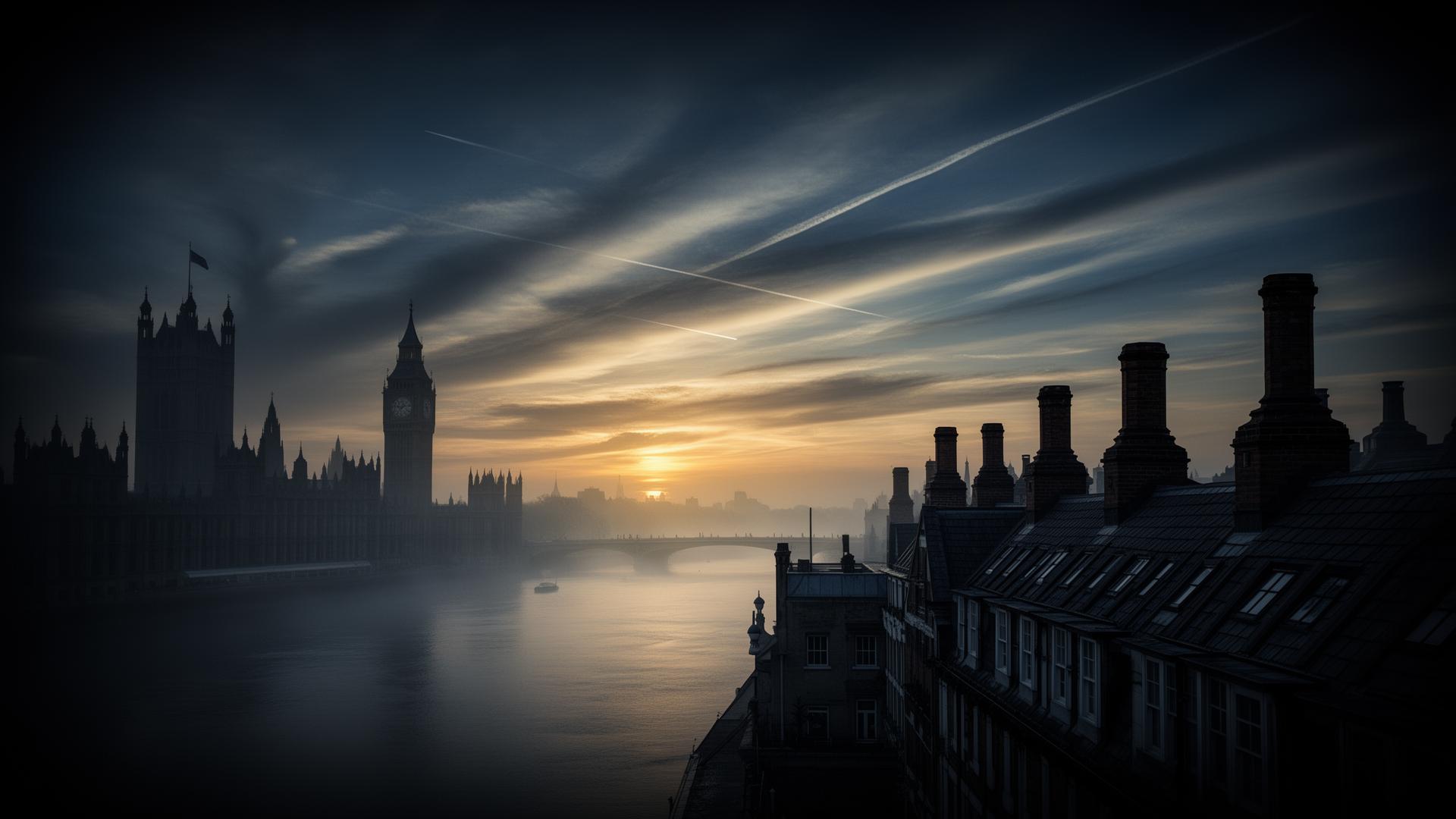 Cinematic twilight panoramic view of London with the Palace of Westminster, Big Ben and the River Thames at sunset